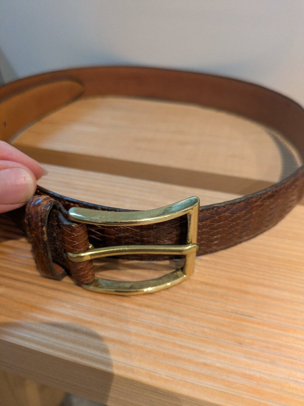 Vintage BALLY brown leather belt diamond weave gold brass buckle Men S